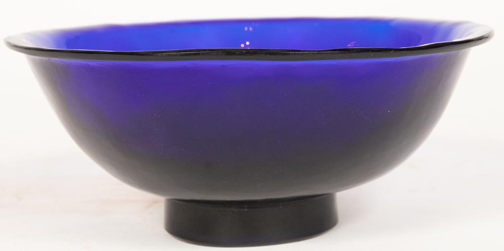 CHINESE BLUE GLASS BOWL, QING DYNASTY, 18TH/19TH: CHINESE BLUE GLASS BOWL, QING DYNASTY, 18TH/19TH CENTURY H 4" DIA 9.5" heavy feel, indigo tone, footedProvenance: Estate of Jack Faxon, Michigan Senator and creator of the Michigan Council for the Art
