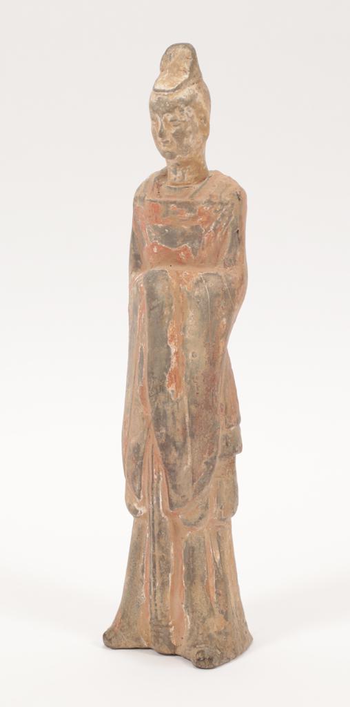 CHINESE WEI EARTHENWARE BURIAL FIGURE, C. 1700, H: CHINESE WEI EARTHENWARE BURIAL FIGURE, C. 1700, H 9.75", W 2.25"A Chinese Wei earthenware burial figure. Accompanied by a thermoluminescence test from the Conservation Services Laboratory of the Detro