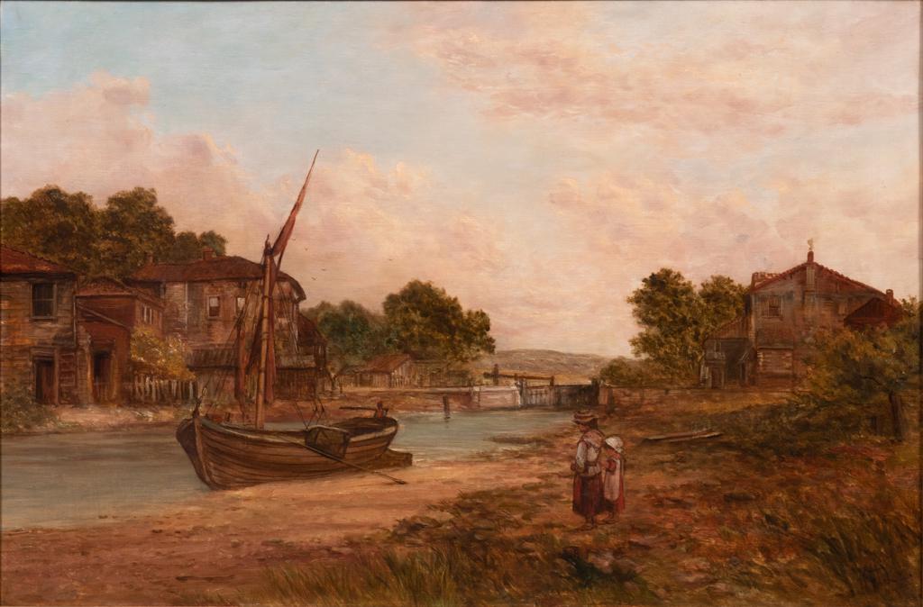 A.P. WATSON, UK, OIL ON CANVAS H 24" W 36" HERTFORD ON: A.P. WATSON, UK, OIL ON CANVAS H 24" W 36" HERTFORD ON THE LEA Original oil painting. Signed. Classic special frame, size: 35" x 48". Burger Co. label.From Rathmor Road, Bloomfield Hills, Mi.