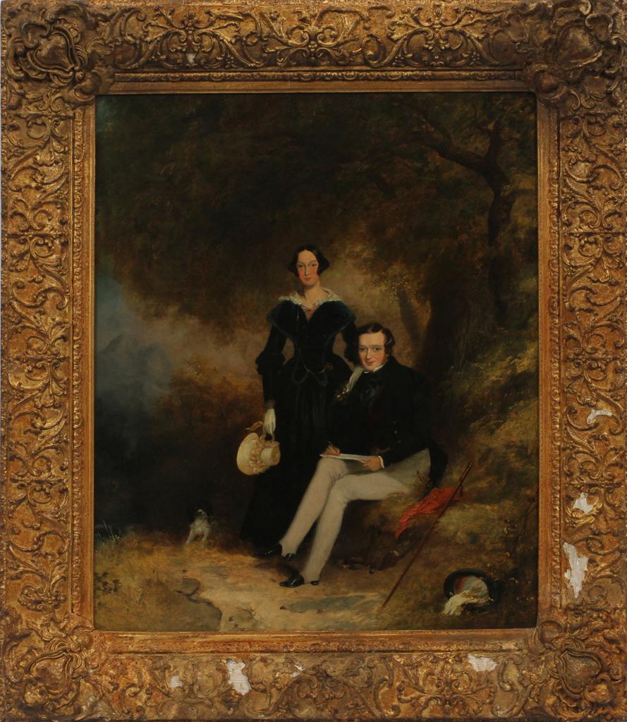 ATTR. JOHN FERNELEY (ENGLISH, 1782-60), OIL ON CANVAS,: ATTR. JOHN FERNELEY (ENGLISH, 1782-60), OIL ON CANVAS, H 24", L 20", SEATED COUPLE Well accomplished oil circa 1840. Gilt wood and plaster frame. Provenance: Lewis & Lloyd, London. From a prominent es