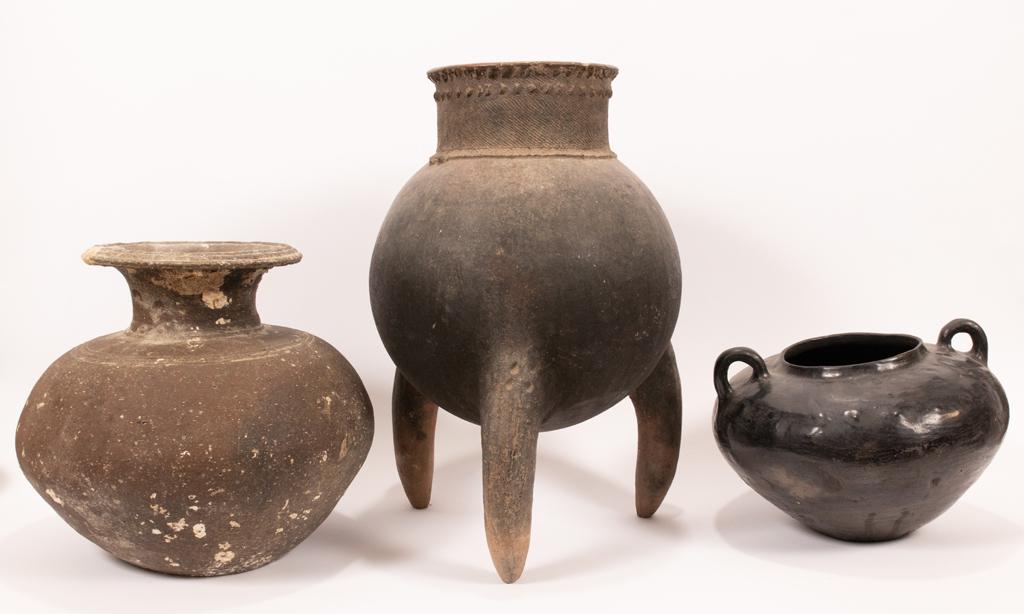 AFRICAN EARTHENWARE GROUP OF THREE H 8"-20" DIA 12"-14": AFRICAN EARTHENWARE GROUP OF THREE H 8"-20" DIA 12"-14" From the estate of Jack Faxon, Birmingham, MI. Michigan Senator and creator of the Michigan Council for the Arts.