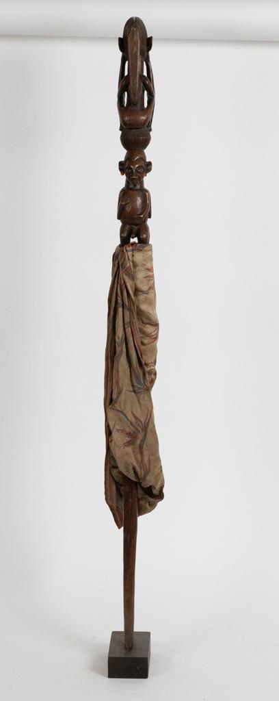 AFRICAN, CARVED WOOD WITH BEADWORK, STAFF H 42.5" D: AFRICAN, CARVED WOOD WITH BEADWORK, STAFF H 42.5" D 2.25" Estate of Jack Faxon, Birmingham, MI. Michigan Senator and creator of the Michigan Council for the Arts.
