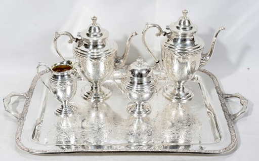 090131: WM. ROGERS & SON, SILVER PLATE TEA SET, 5 PCS. 090131: WM. ROGERS & SON, SILVER PLATE TEA SET, 5 PCS.