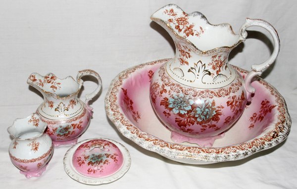 ENGLISH, "WINDSOR" PORCELAIN CHAMBER SET, 5 PCS: ENGLISH, "WINDSOR" PORCELAIN CHAMBER SET, 5 PCS.:wash bowl 17" X H. 5", crackeleure in glaze, water pitcher H. 12" spider crack on base, Hot water 7", soap dish (broken lid), brush holder H. 4 1/2"