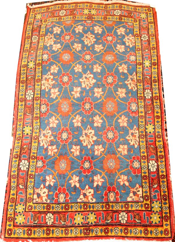 TEHRAN PERSIAN RUG, ANTIQUE, 4' 6" X 2' 7": TEHRAN PERSIAN RUG, ANTIQUE, 4' 6" X 2' 7":Bright blue ground with overall floral pattern, multiple floral borders.