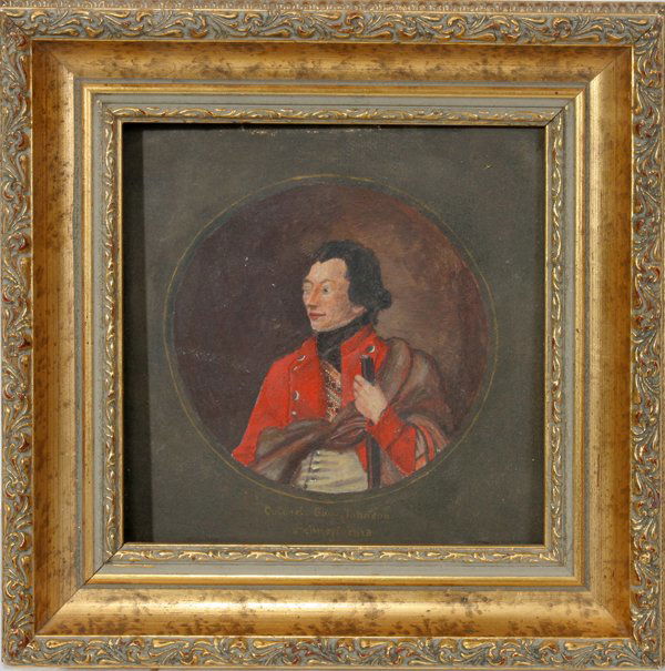 PRIMITIVE STYLE OIL ON WOOD PANEL, 6" X 6",: PRIMITIVE STYLE OIL ON WOOD PANEL, 6" X 6", 'COLONEL GUY JOHNSON':After a painting by Benjamin West; framed.