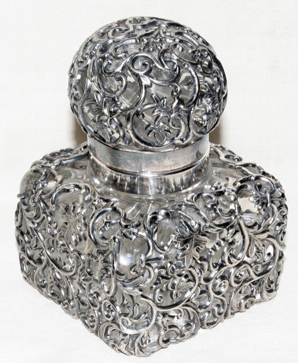 SILVER OVERLAY OVER CRYSTAL INKWELL: SILVER OVERLAY OVER CRYSTAL INKWELL: