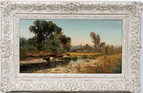 WILLIAM KEITH, OIL ON CANVAS, 1882, 13" X 24": WILLIAM KEITH, OIL ON CANVAS, 1882, 13" X 24", LANDSCAPE WITH COWS BY STREAM: USA 1838- 1911:Signed and dated lower left; framed. Gift from Ralph and Mary Booth to Dr Robert Johnson Palmer and to John