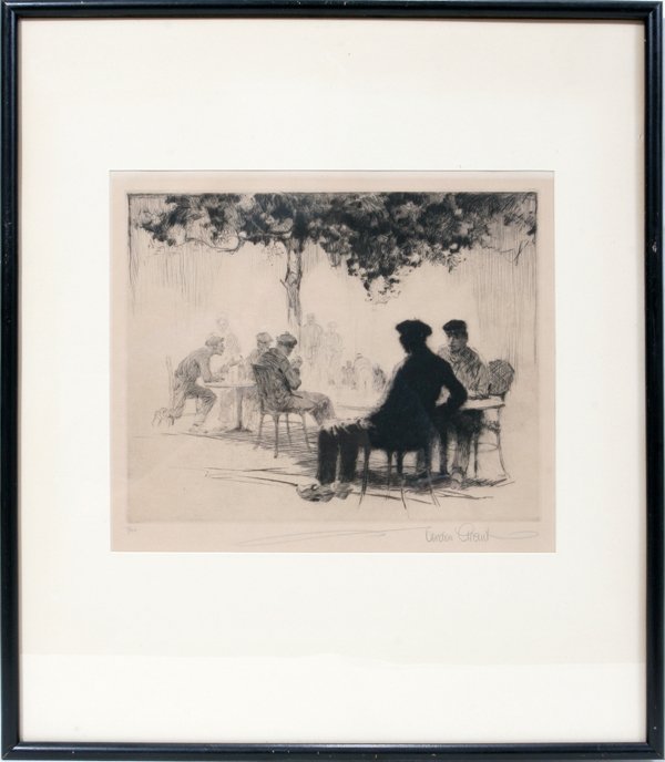 GORDON GRANT, DRYPOINT, 8" X 10", PARK SCENE: GORDON GRANT, [AMERICAN 1875-1962] DRYPOINT, 8" X 10", PARK SCENE:Drypoint etching, pencil signed "Gordon Grant", numbered 7/100, framed and matted.