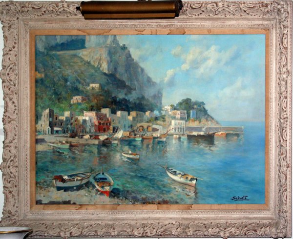 GIUSEPPE SALVATI, OIL ON CANVAS 23" X 38 1/2": GIUSEPPE SALVATI, OIL ON CANVAS 23" X 38 1/2", 'CAPRI WITH BOATS IN HARBOR': [ITALIAN 20TH CENTURY]:Above measurement is sight only. Signed lower right, framed.