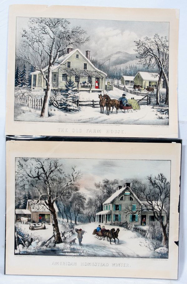 CURRIER & IVES, PRINTS, C. 1875, 2, 8 1/2" X 12: CURRIER & IVES, PRINTS, C. 1875, 2, 8 1/2" X 12":"American Homestead Winter" and "The Old Farm House". Unframed.