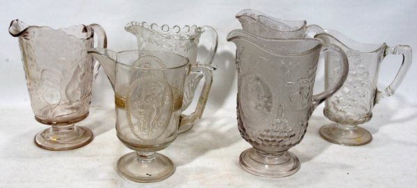 AMERICAN PATTERN GLASS PITCHERS CANNON BALL, : AMERICAN PATTERN GLASS PITCHERS CANNON BALL, CRAZY LACE, COMET ANTIQUE, SIX, H 9", 8":Squirrel, cameo, acorn, etc.