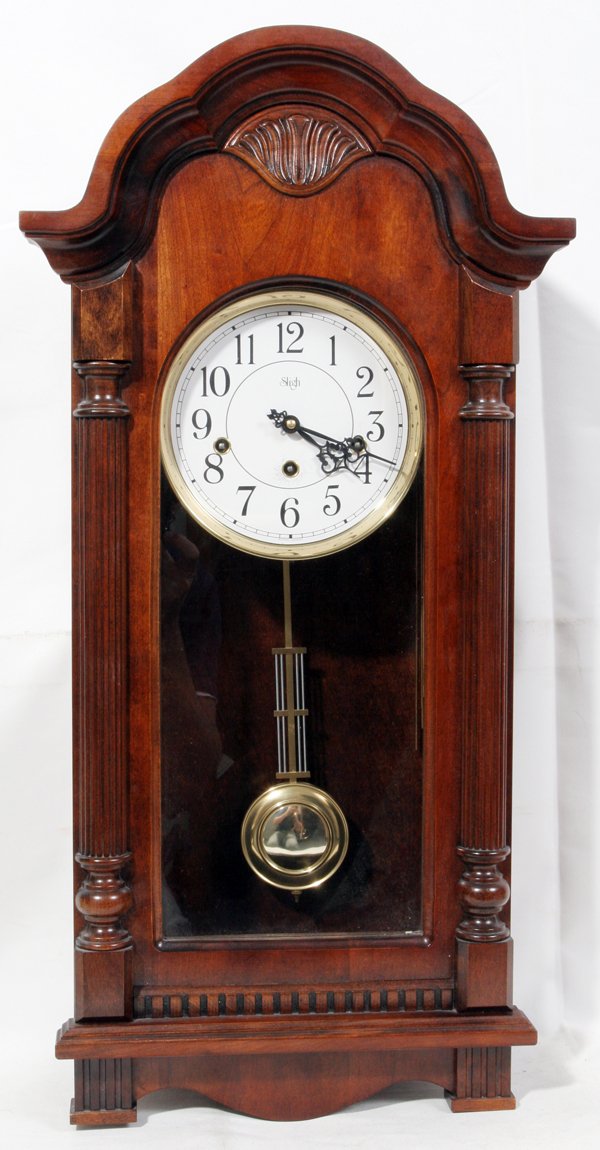 MAHOGANY SLIGH WALL CLOCK, H 28", W 14": MAHOGANY SLIGH WALL CLOCK, H 28", W 14":H 28 1/2"