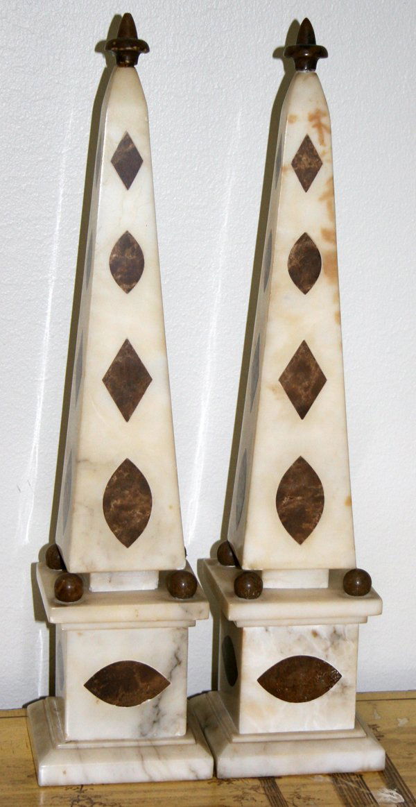 ONYX & BRONZE OBELISKS, H 20", W 4", L 4": ONYX & BRONZE OBELISKS, PAIR, H 20", W 4", L 4":Table decorations, on marble base.