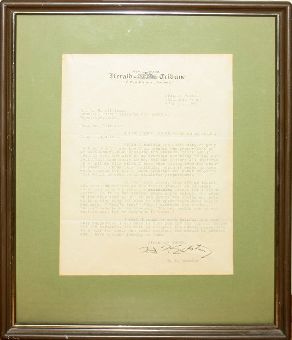 TYPED LETTER FROM CARTOONIST HT WEBSTER TO THE: TYPED LETTER FROM CARTOONIST H.T. WEBSTER TO THE EDITOR OF TELEGRAM & GAZETTE, H 9 1/2", W 7":Typed, and signed, letter on New York Herald Tribune stationary, from cartoonist Harold Tucker Webster to 