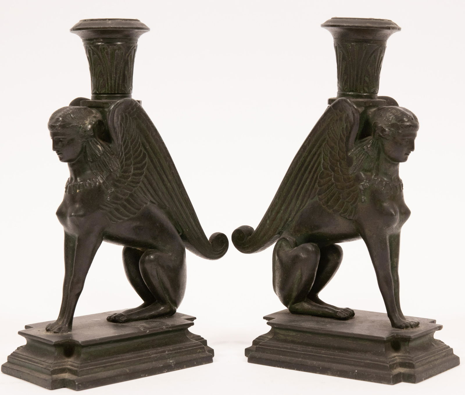 BRONZE SPHINX FORM CANDLESTICKS, 19TH.C. PAIR, H 7", L (1 of 5)