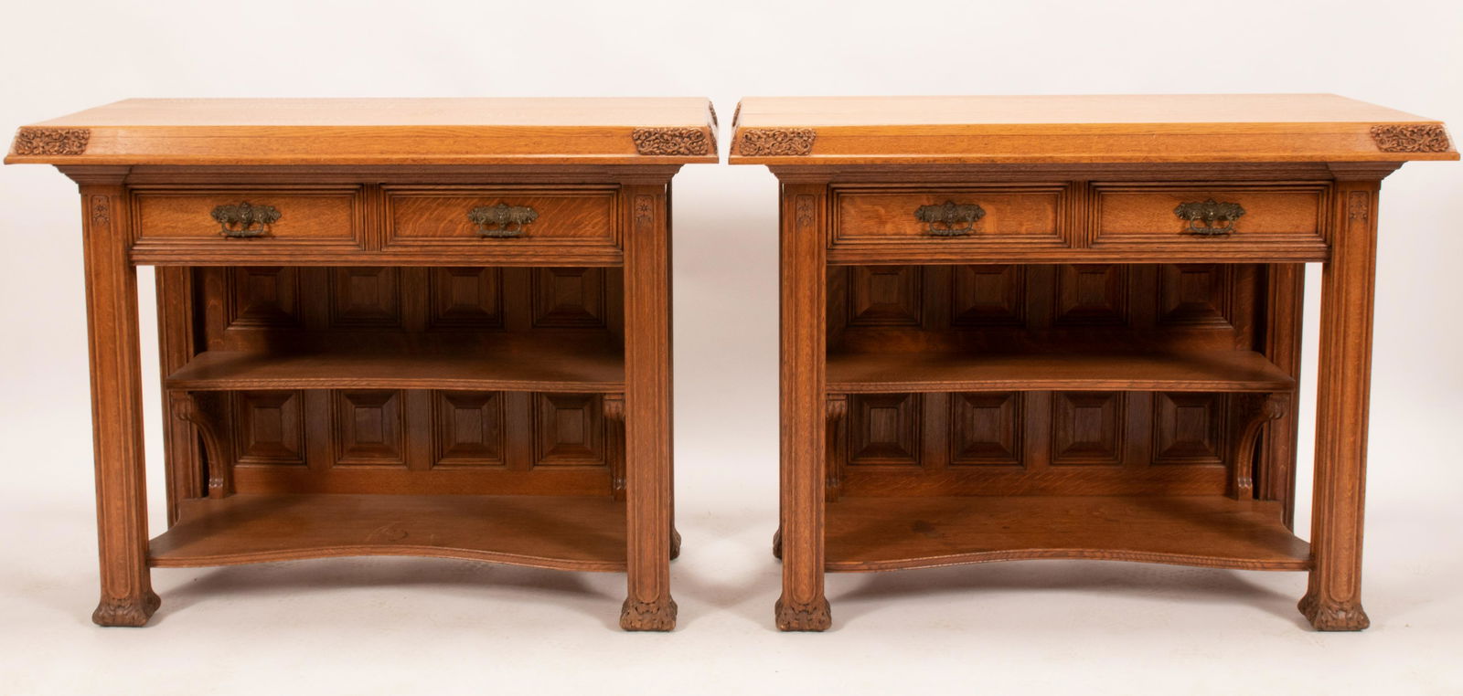 CARVED OAK TABLES C 1900 PAIR H 36.5" W 24" L 48" (1 of 11)
