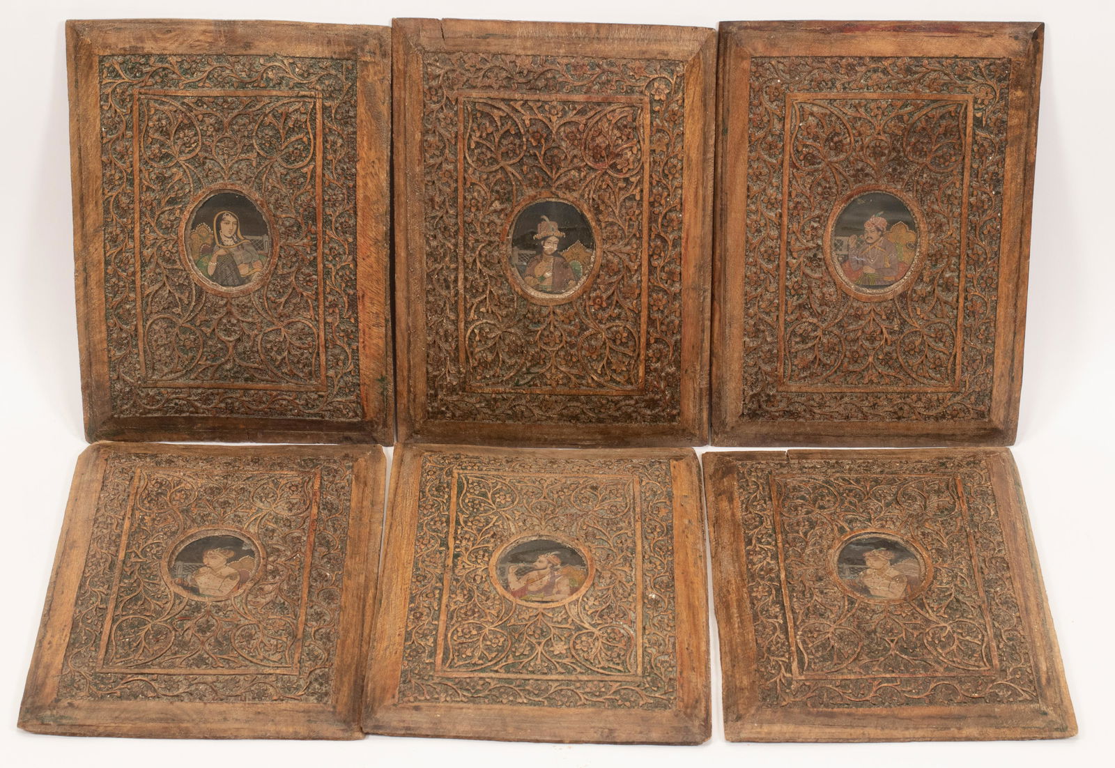 INDIAN HAND PAINTED PORTRAITS, CARVED FRAMES SIX H 14" (1 of 14)