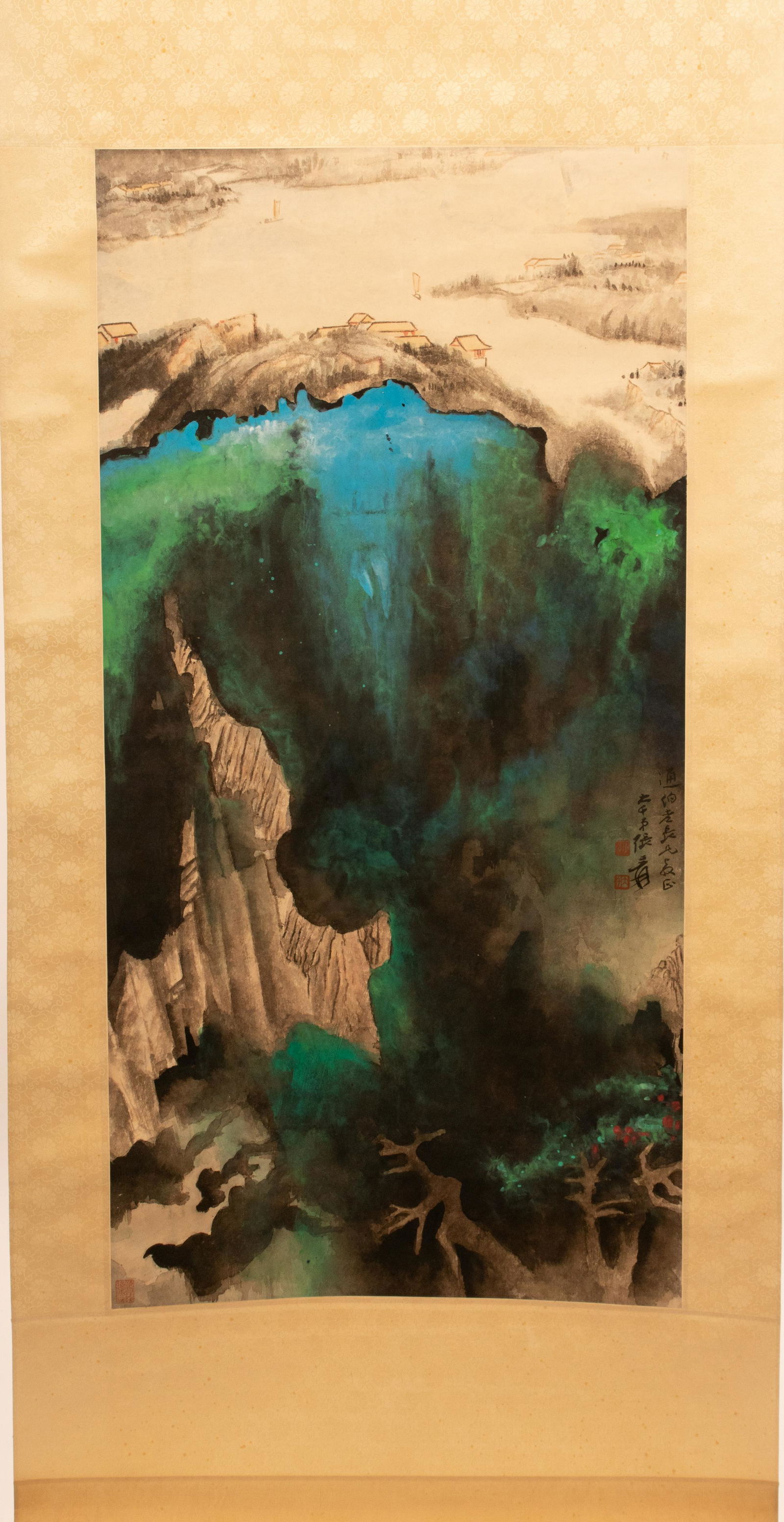 CHINESE WATERCOLOR ON PAPER SCROLL, H 34", W 17 1/2", (1 of 4)