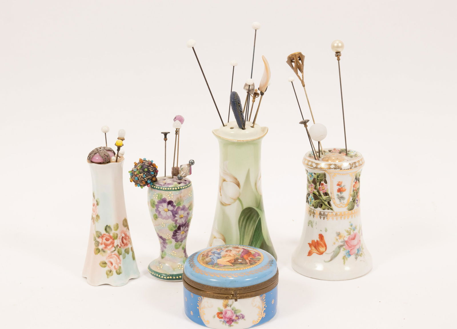 HAT PIN STANDS AND RING BOX, PORCELAIN CIRCA 1900 5 PCS (1 of 20)