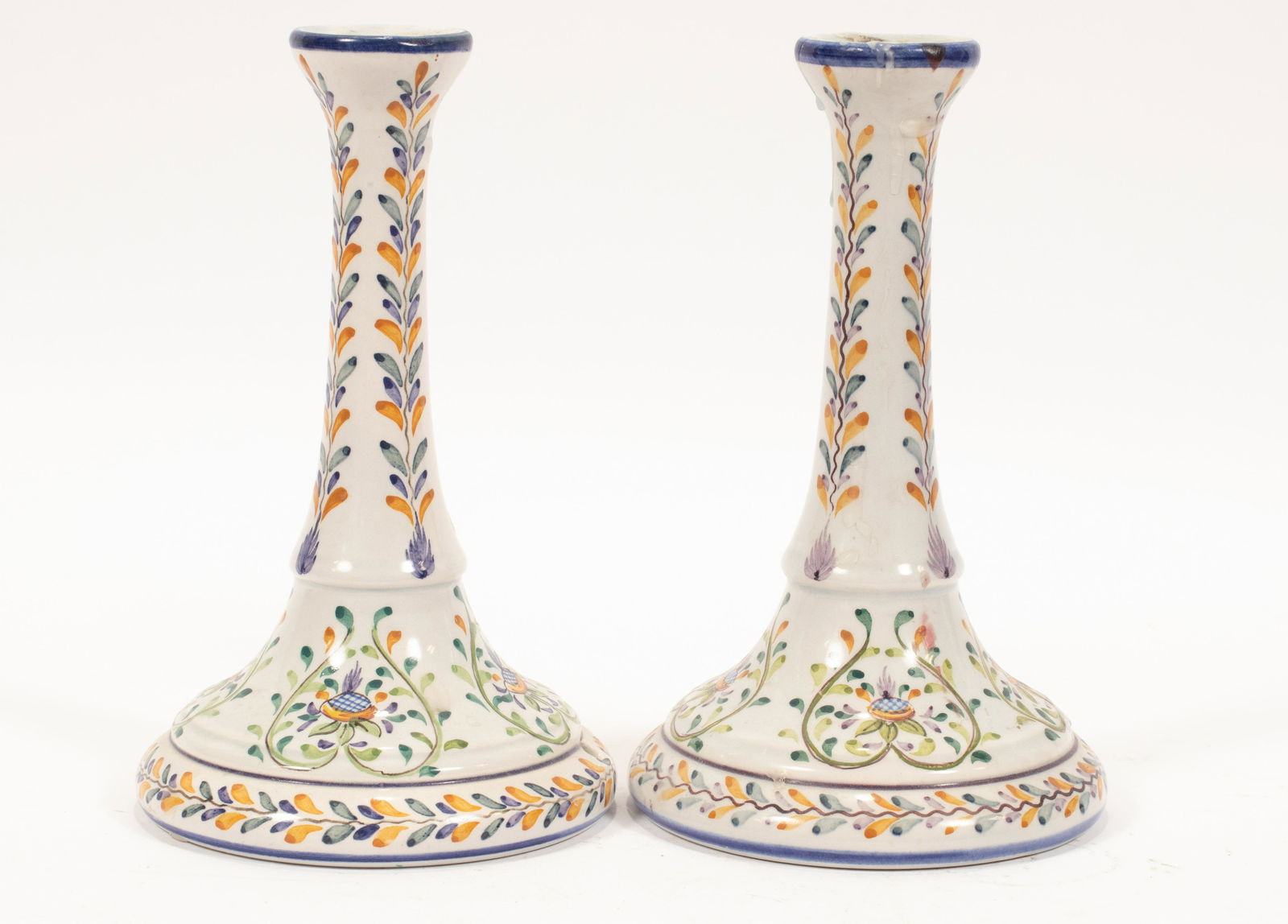 PORTUGUESE CERAMIC CANDLESTICKS, PAIR, H 8", DIA 4.5" (1 of 13)