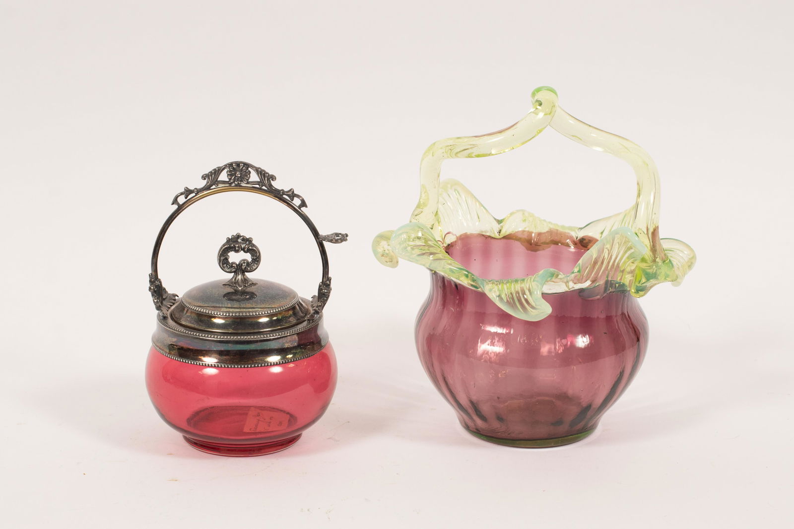 CRANBERRY GLASS JAM JAR AND BASKET C. 1870, 2 PCS H 7" (1 of 8)