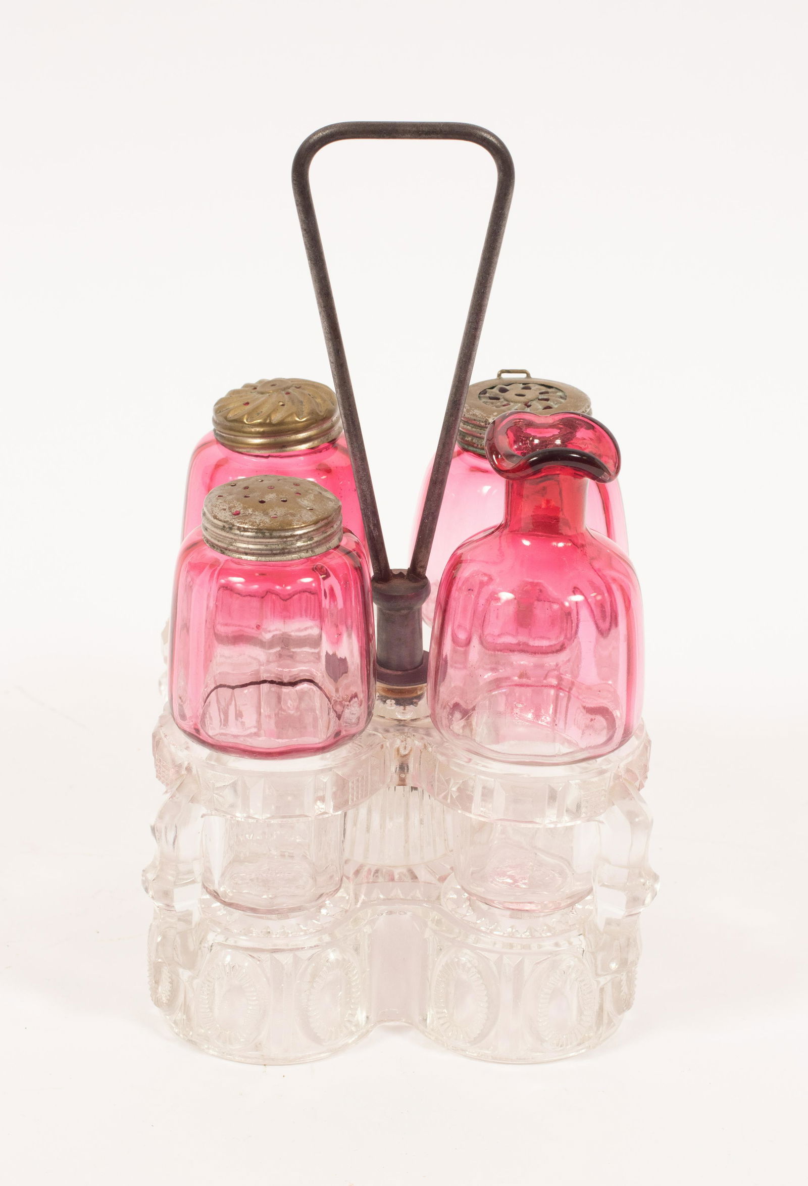 CRANBERRY TO CLEAR CONDIMENT BOTTLES C 1880,  4 PCS H (1 of 3)