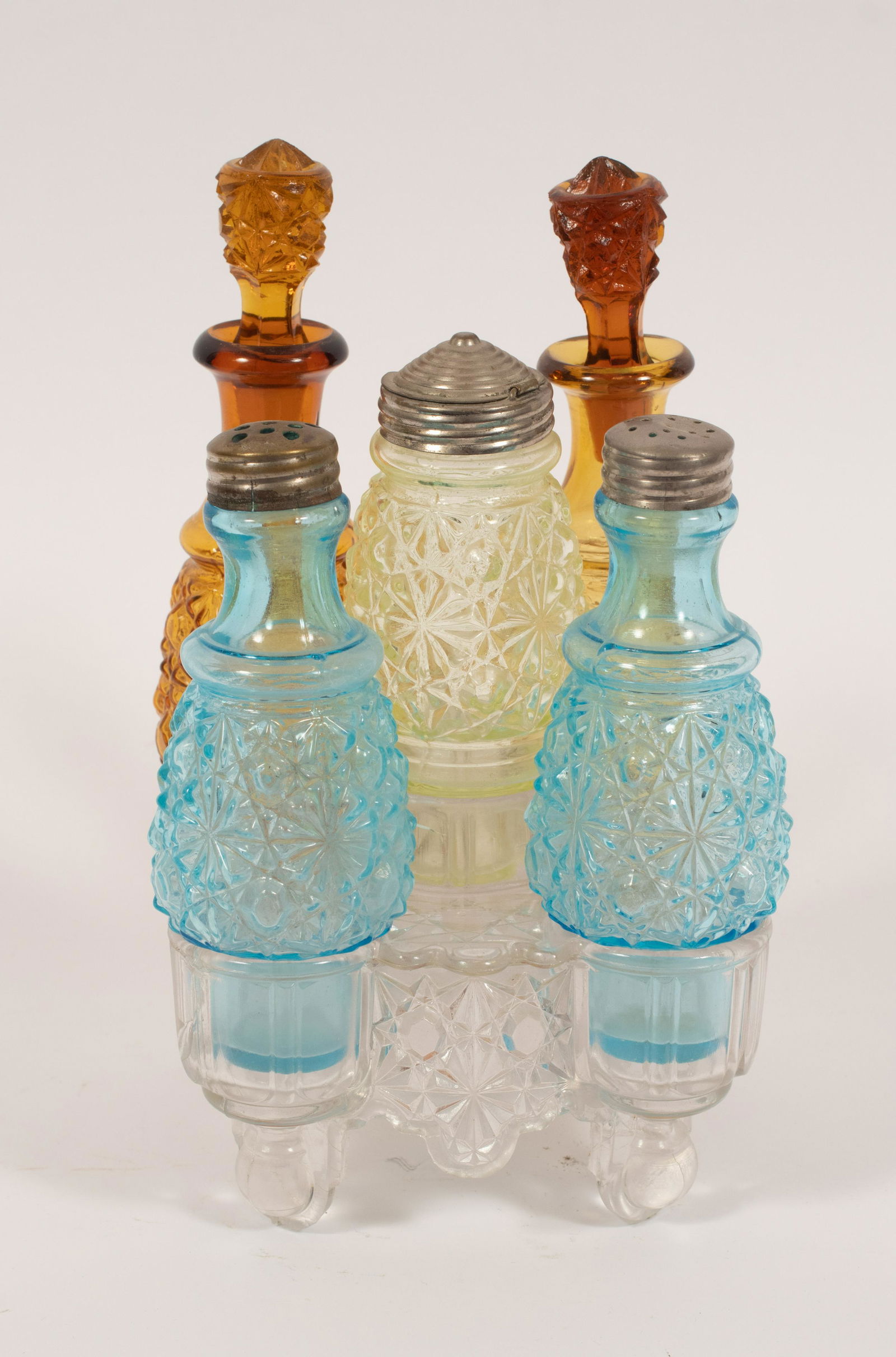 PATTERN GLASS CONDIMENT BOTTLES 5 H 9.5" (1 of 6)