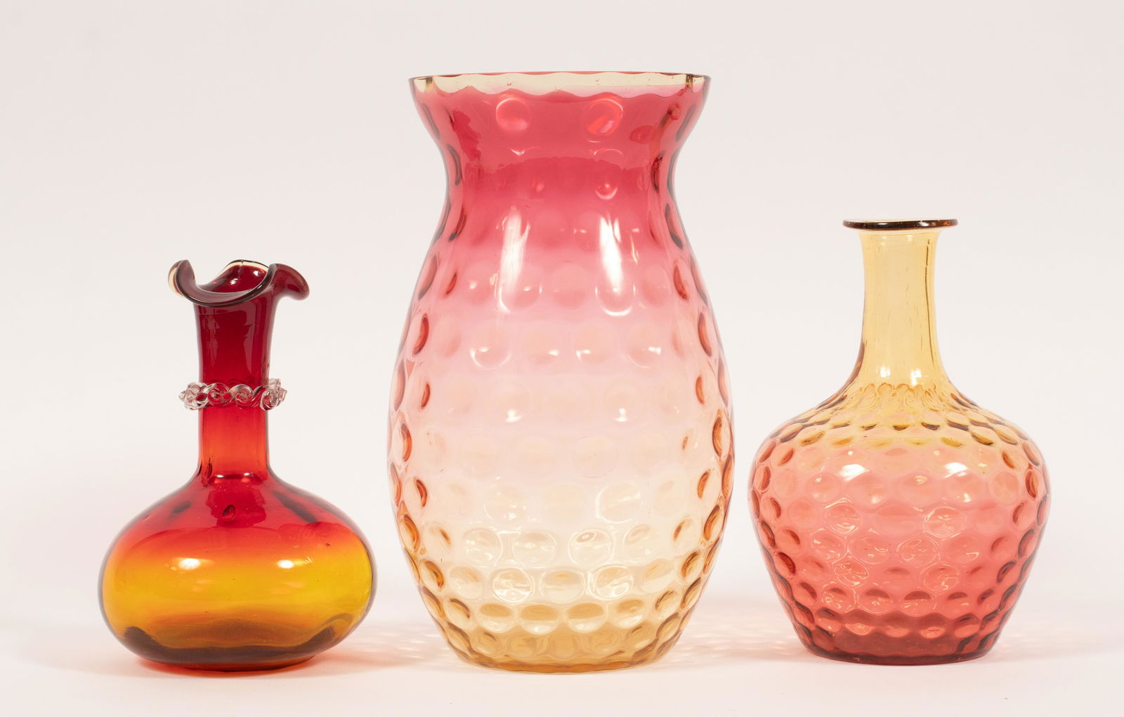 AMBERINA GLASS VASES & CARAFE, C 1880 3 PCS H 6.5"-9.2" (1 of 11)