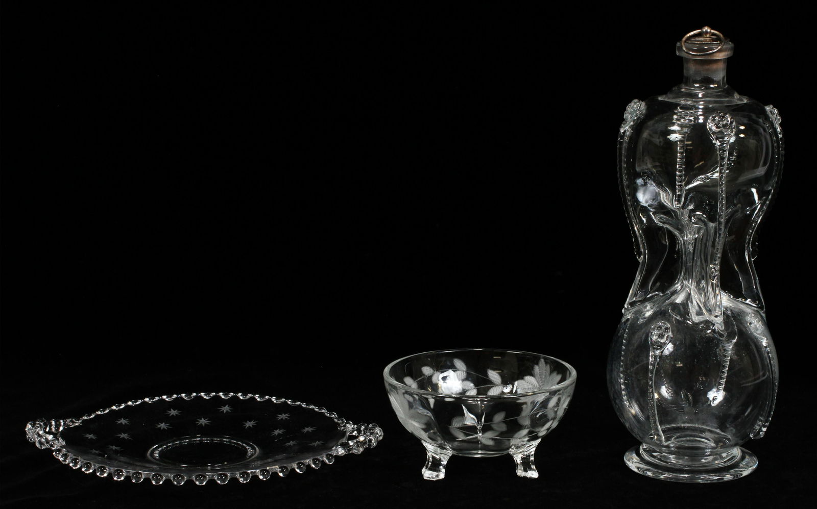 DECANTER, ETC., GLASSWARE, 3 PCS, H 10", DIA 4" (1 of 4)