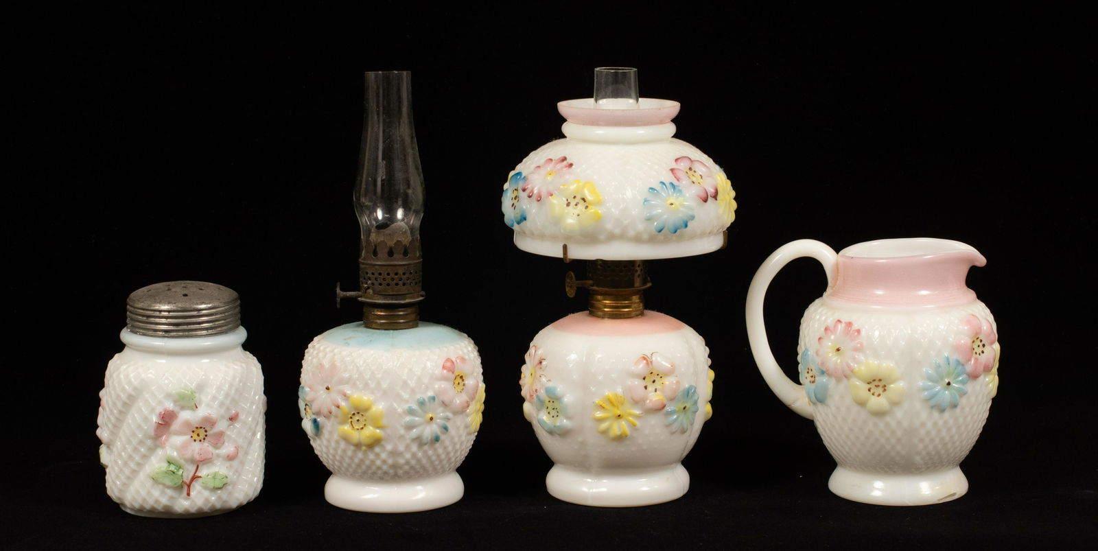 COSMOS MILK GLASS, OIL LAMPS (2), MUFFINEER,  C 1880 3 (1 of 11)