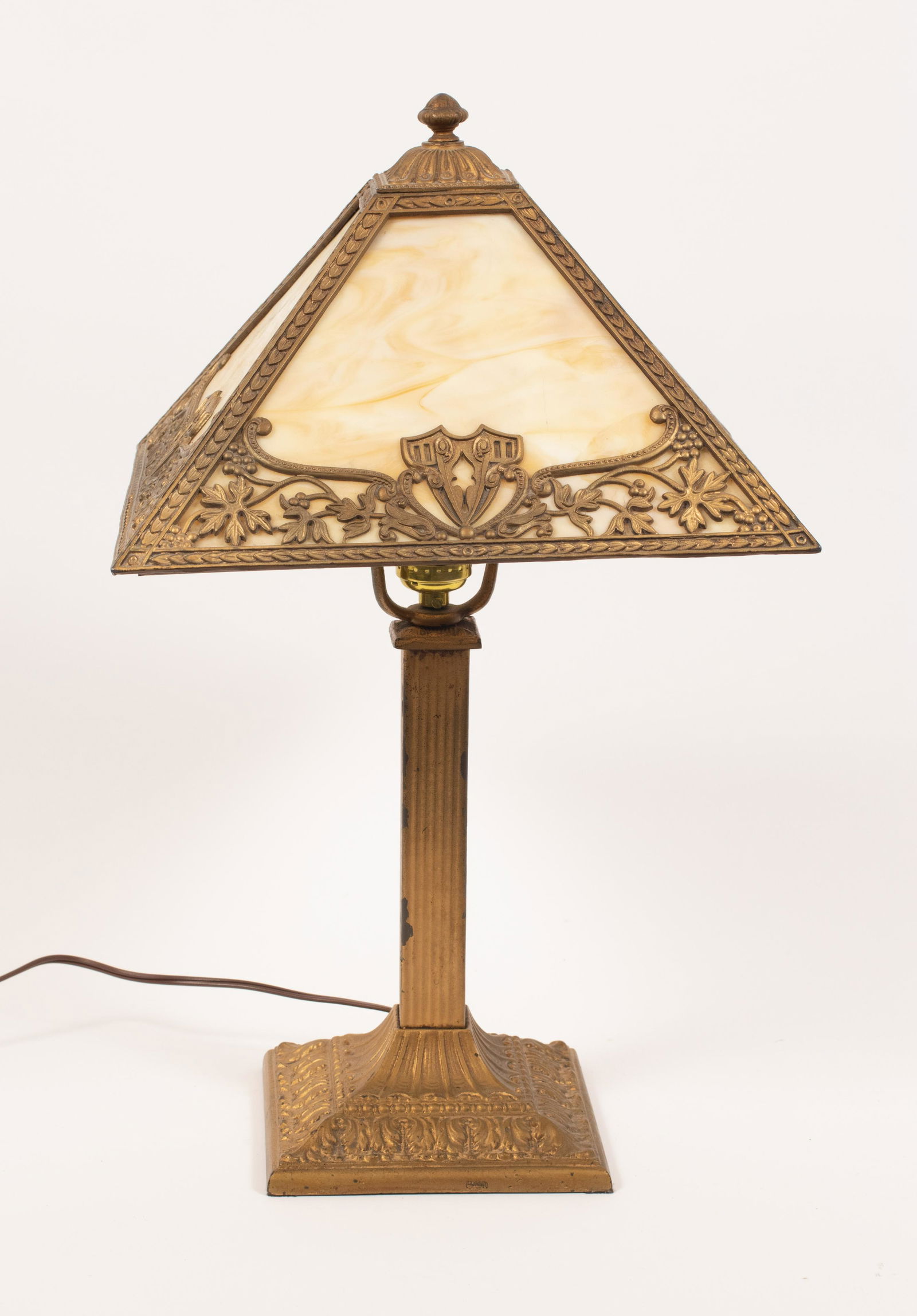 METAL OVERLAY SLAG GLASS TABLE LAMP C. 1900 H 21" W 11" (1 of 11)