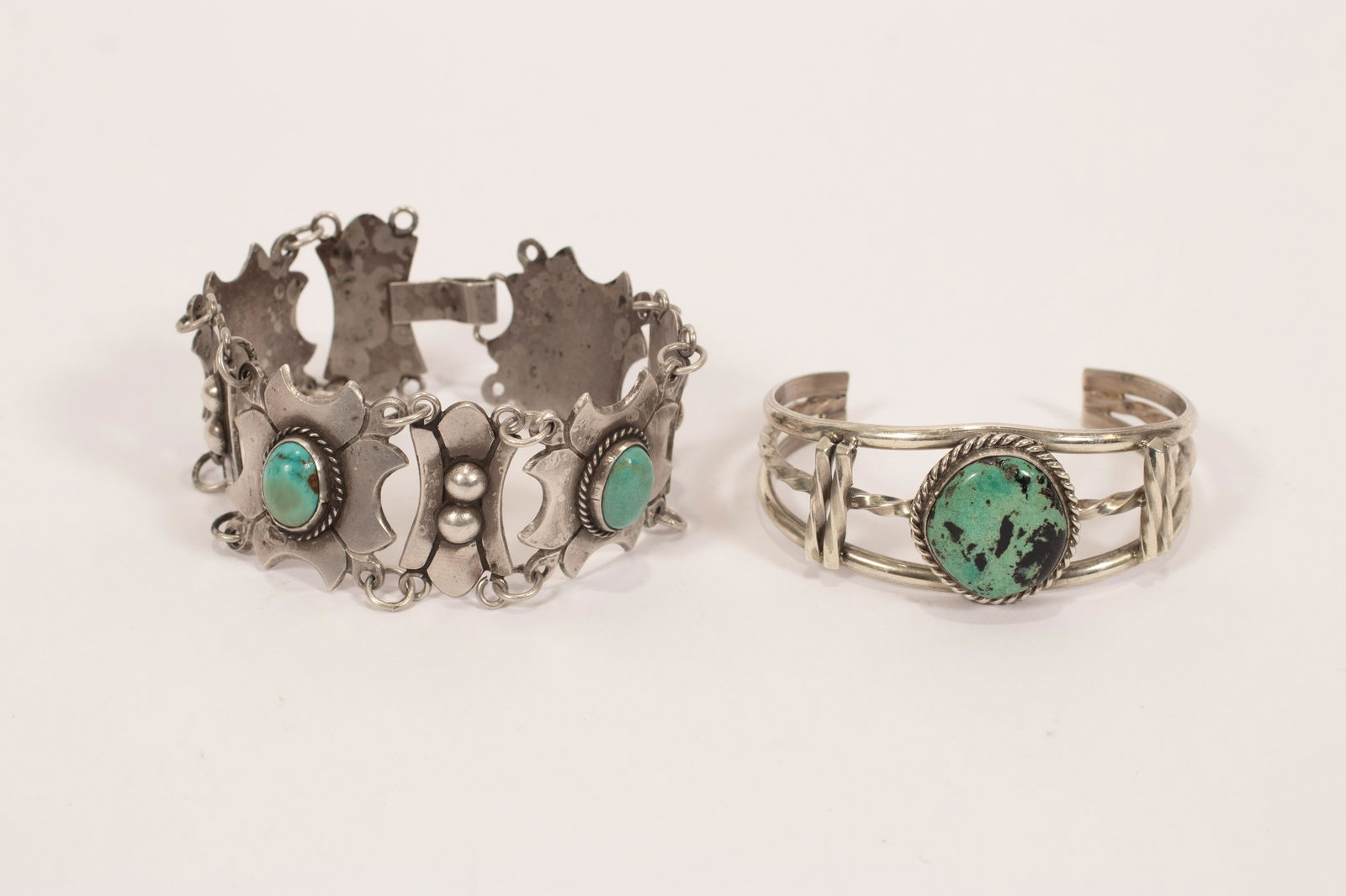 MEXICAN   SILVER AND INSET TURQUOISE BRACELETS TWO L 6" (1 of 4)