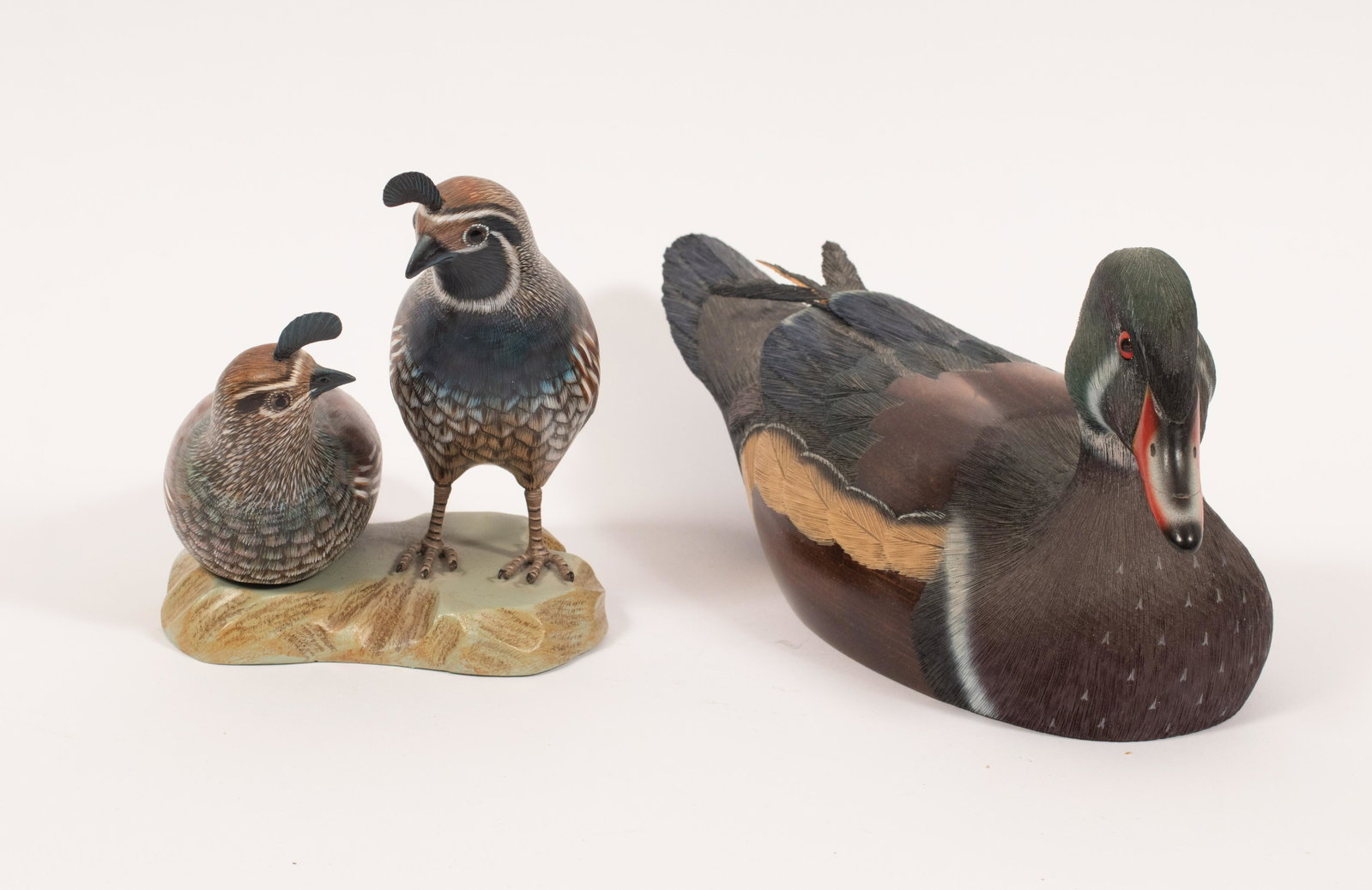 DAVID BERAN CARVED WOOD DRAKE 1988 L 13" + OTHER: DAVID BERAN CARVED WOOD DRAKE 1988 L 13" + OTHER Also carved wood pair of quail on single base. Two lots. David Beran of Ortonville, Mi.From the estate of Marie Buckerfield, Rochester Hills, Mi.