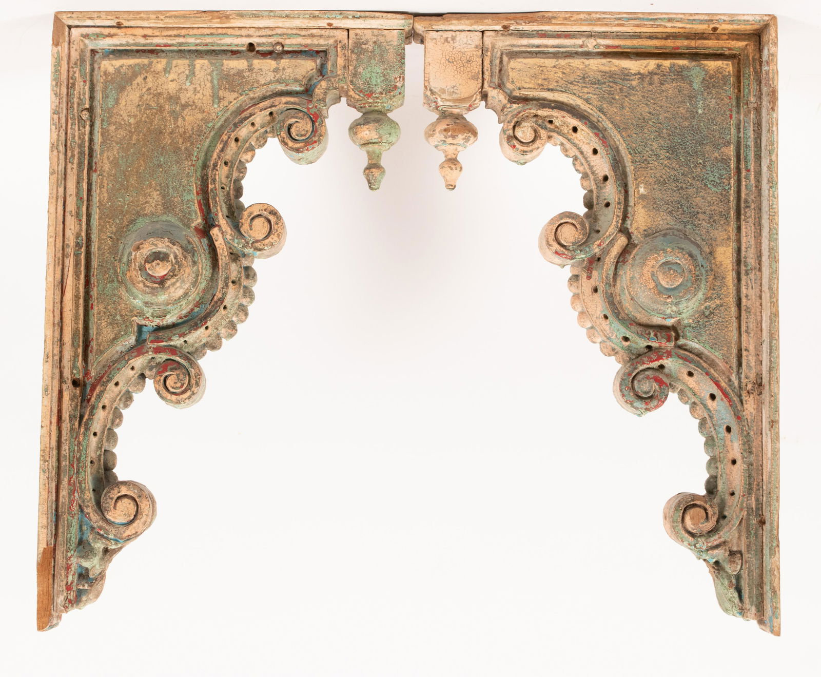 CARVED AND PAINTED WOOD BRACKETS PAIR H 19.5" W 11.5" D (1 of 5)