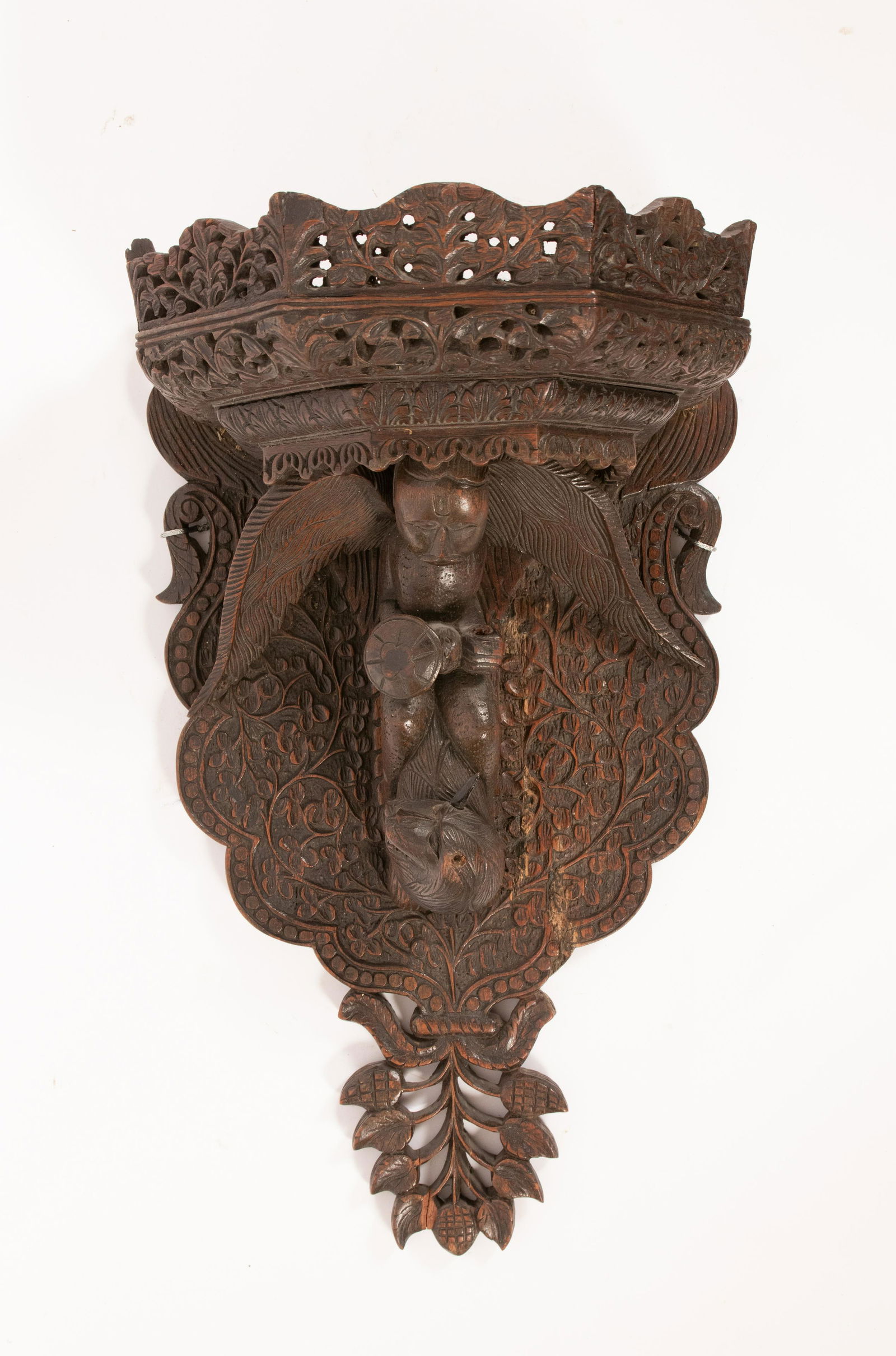 BURMESE CARVED WOOD WALL SHELF, H 22", W 12", D 8.5" (1 of 5)