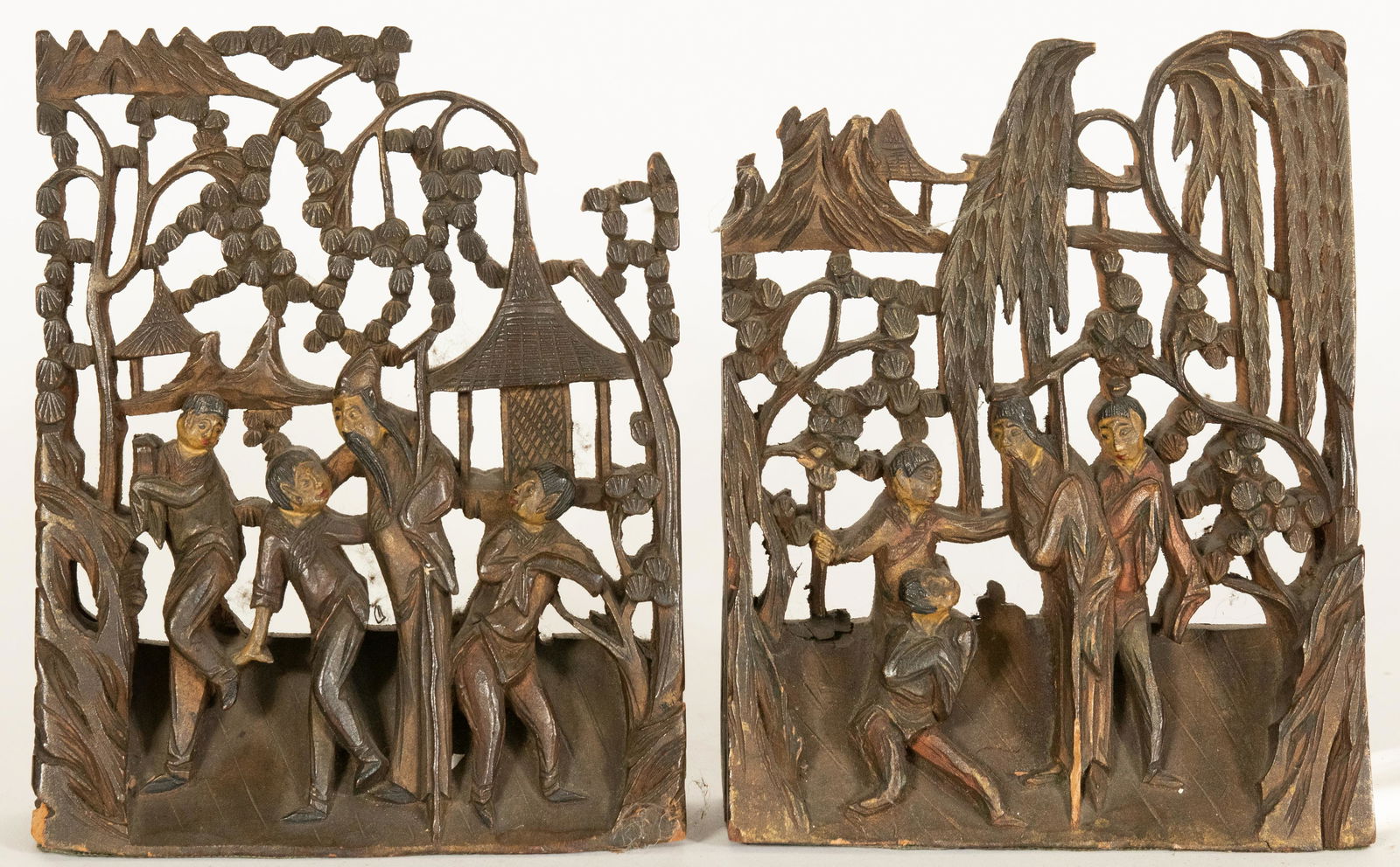 ASIAN CARVED WOOD BOOKENDS H 7" W 5.5" D 2" (1 of 5)