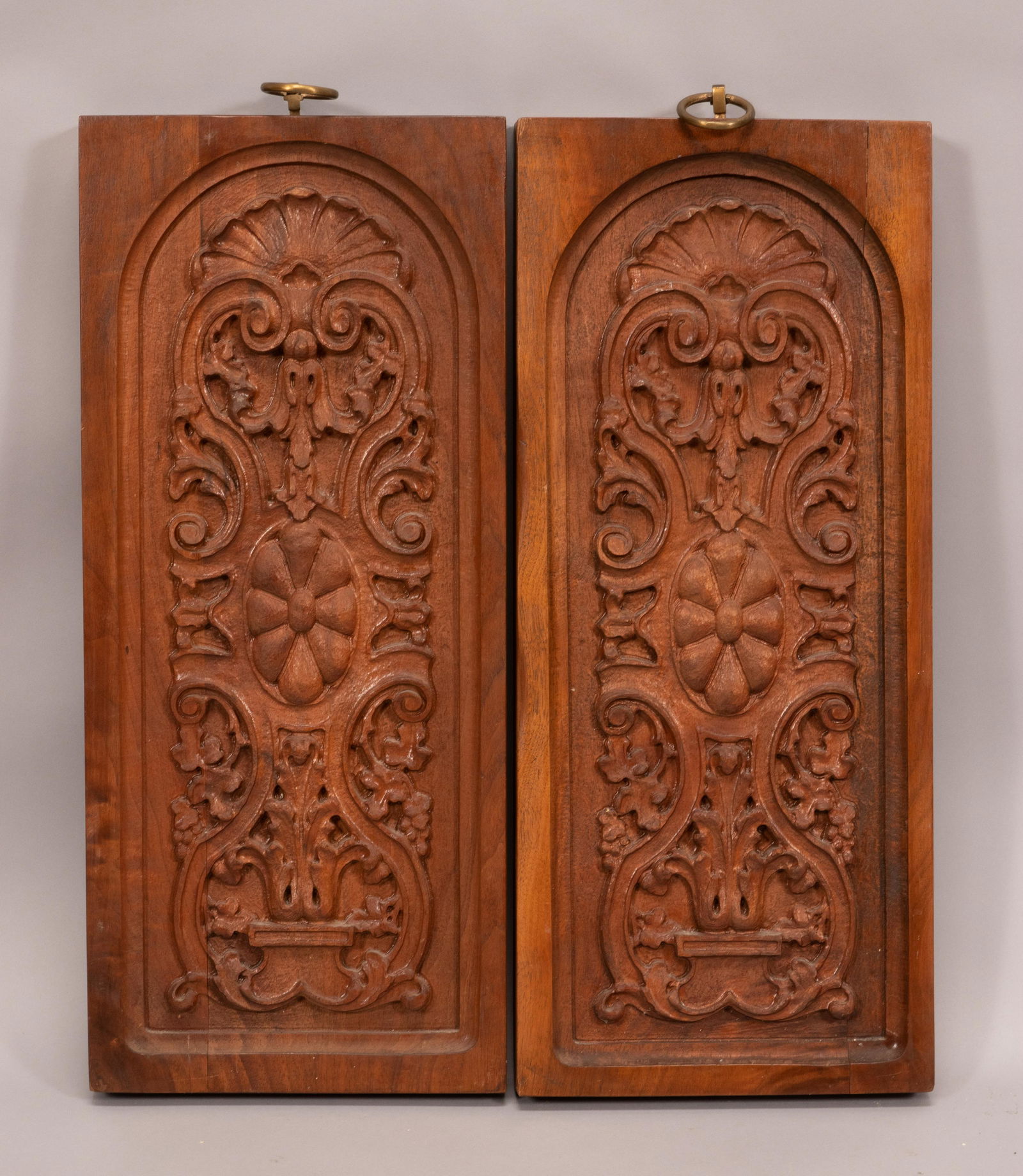 CARVED WALNUT WALL PANELS PAIR H 22" W 9.5" (1 of 4)