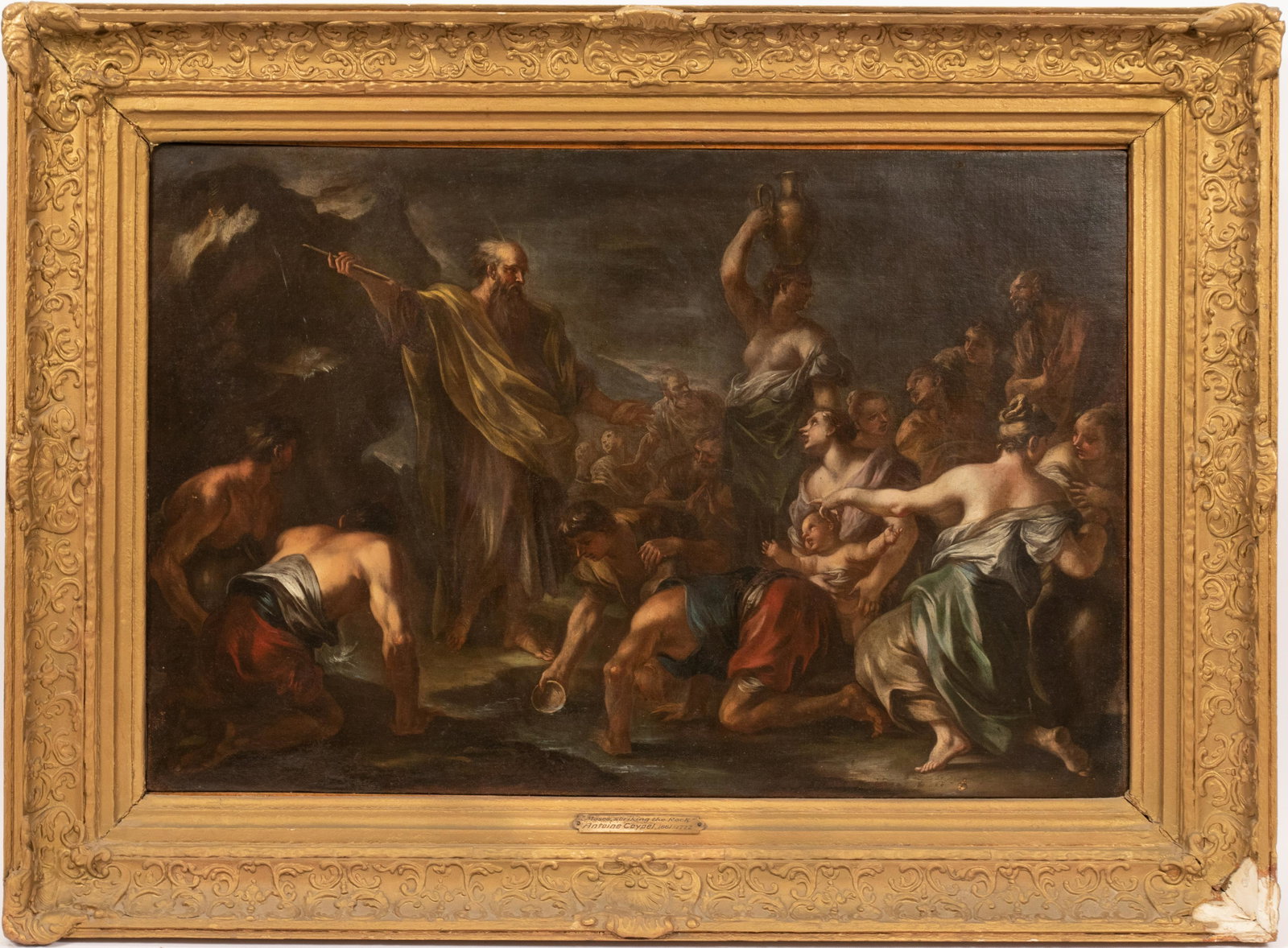 CIRCLE OF ANTOINE COYPEL (FRENCH, 1661-1722) OIL ON: CIRCLE OF ANTOINE COYPEL (FRENCH, 1661-1722) OIL ON CANVAS, H 20", W 30", "MOSES STRIKING THE ROCK" An oil on canvas titled "Moses Striking The Rock" by an artist in the circle of Antoine Coypel. Depi