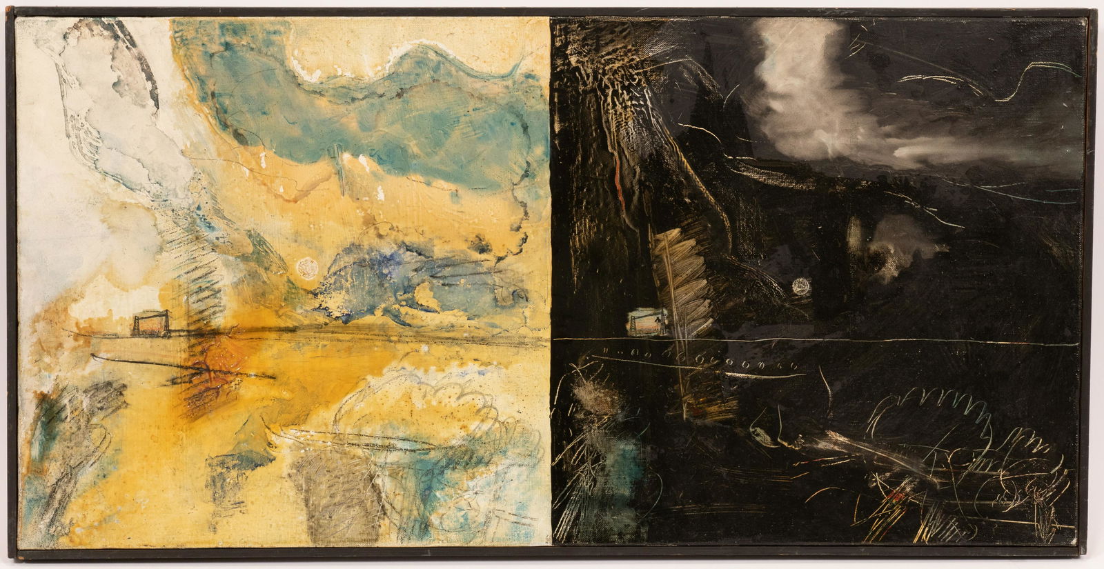 CLAUDE ASSIAN (FRENCH, 20TH C) OIL, RESIN & COLLAGE ON: CLAUDE ASSIAN (FRENCH, 20TH C) OIL, RESIN & COLLAGE ON CANVAS, 1966, H 15.625" W 31.5" "NIGHT AND DAY" Signed Assian, dated 66 and inscribed as titled on the reverse. Frame measures H 16.25" x L 32".