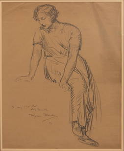 MYRON BARLOW (USA/FRANCE, 1873-37) CHARCOAL ON PAPER, H: MYRON BARLOW (USA/FRANCE, 1873-37) CHARCOAL ON PAPER, H 19", W 15", SEATED WOMAN A charcoal gesture drawing on paper. Depicting a seated woman with a downward gaze. Signed by the artist in the lower l