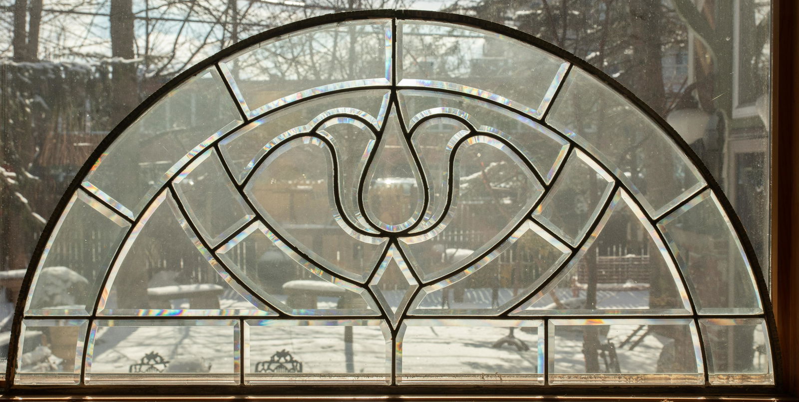 LEADED BEVELED CLEAR GLASS ARCHED WINDOW PANE H 21" W (1 of 2)