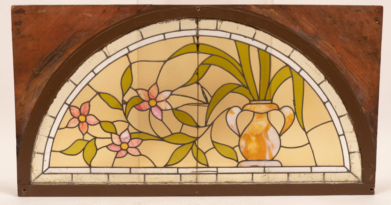 LEADED STAINED GLASS ARCHED WINDOW, H 32", W 56" (1 of 3)