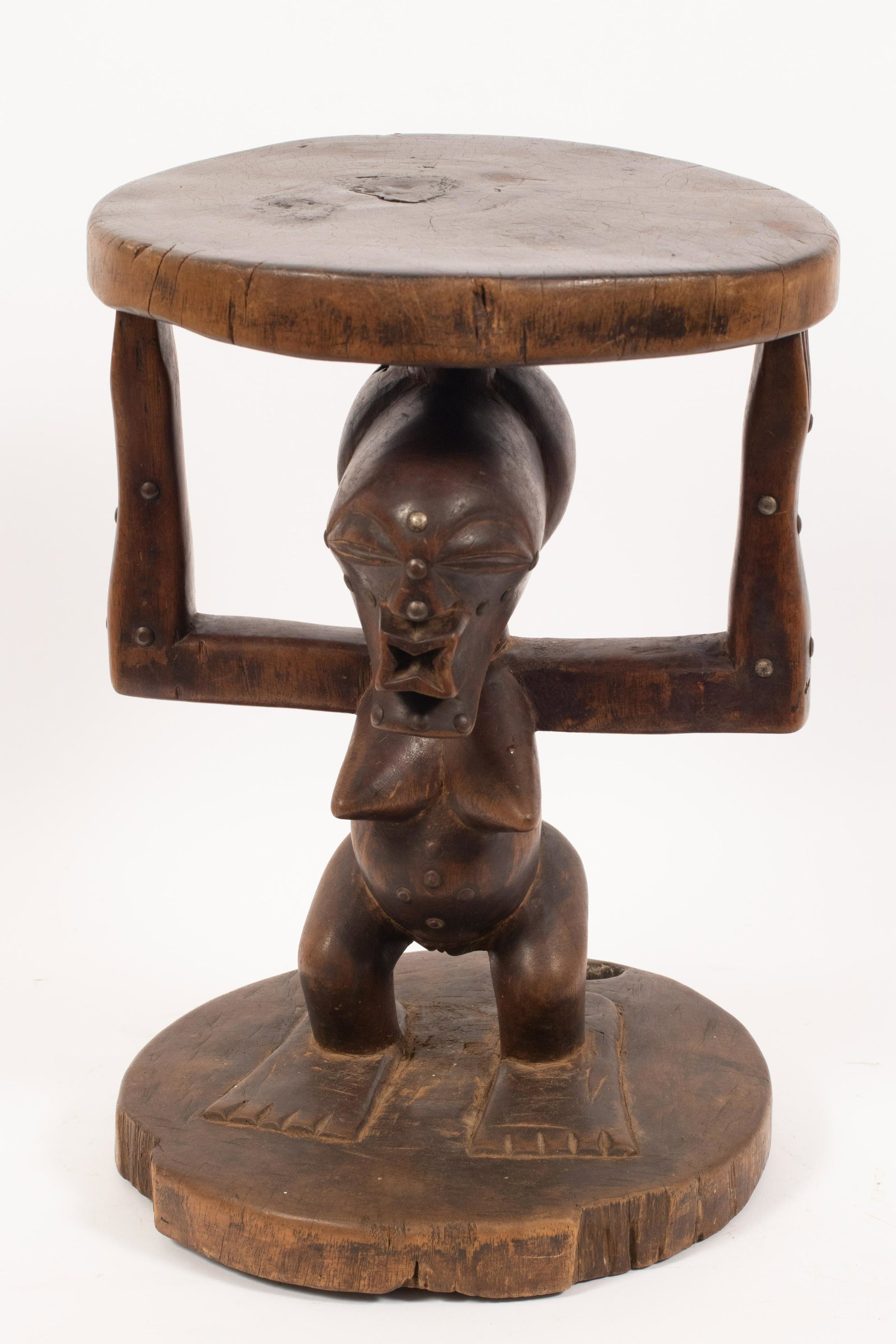 YORUBA, NIGERIA, AFRICAN CARVED WOOD AND METAL,: YORUBA, NIGERIA, AFRICAN CARVED WOOD AND METAL, CEREMONIAL BOWL H 17.25" W 12" Estate of Jack Faxon, Birmingham, MI. Michigan Senator and creator of the Michigan Council for the Arts.