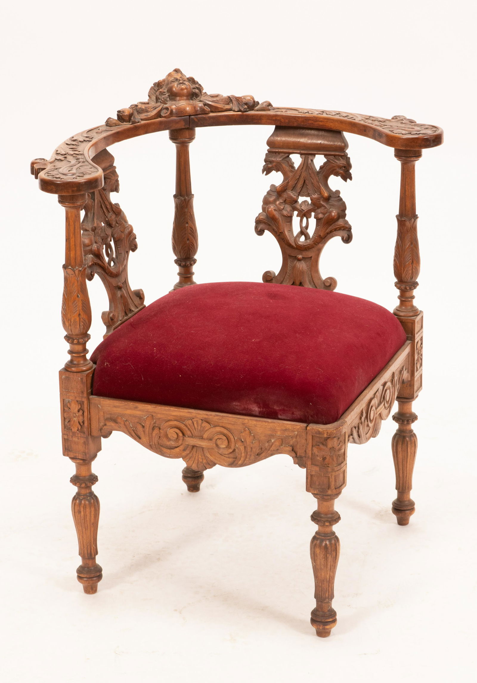 ITALLIAN CARVED WALNUT CORNER CHAIR, GRIFFIN PANELS C (1 of 7)