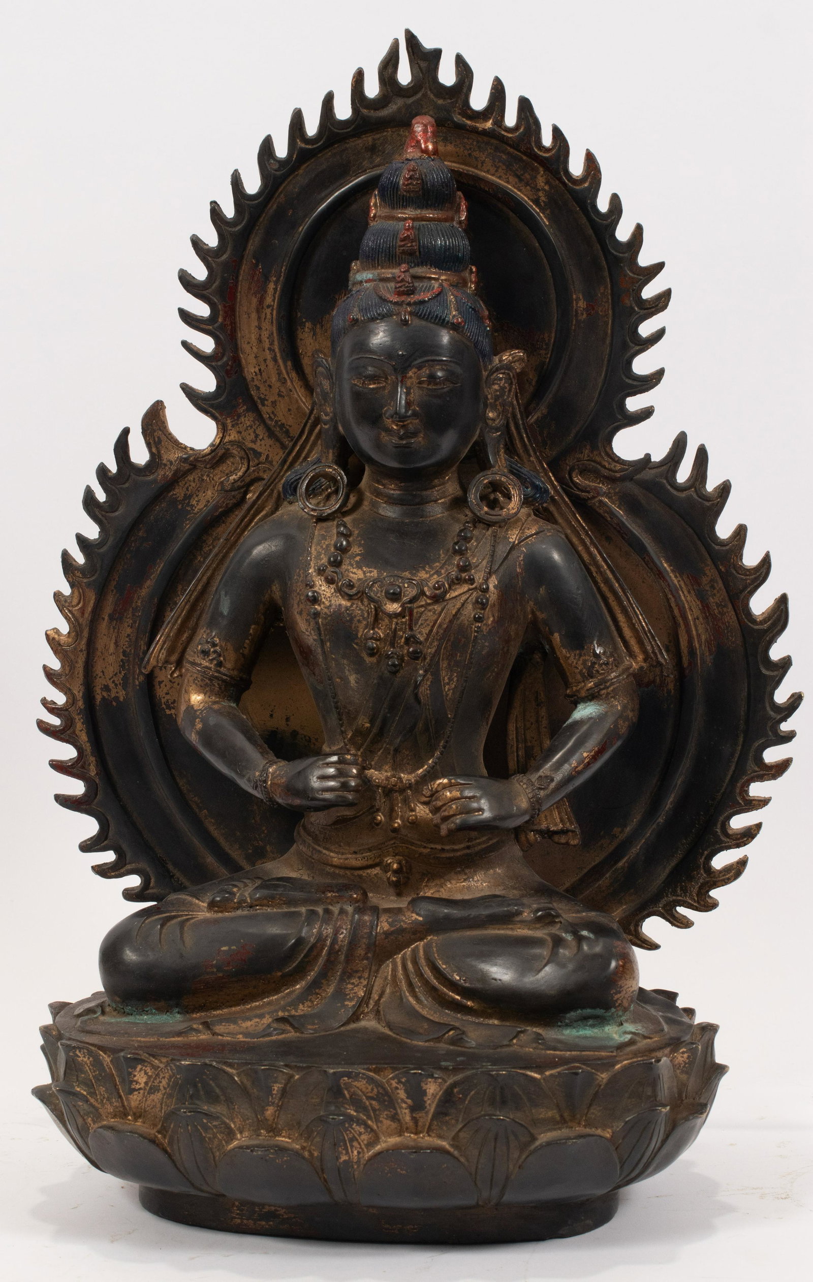 CHINESE GILT BRONZE SEATED BUDDHA, H 17", W 12", D 7.5" (1 of 6)