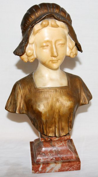 AFFORTUNATO GORY MARBLE & GILT METAL BUST, 13": AFFORTUNATO GORY (ACT. 1895-1925), MARBLE & GILT METAL BUST, 13", YOUNG MAIDEN:signed A. Gory Paris; white marble face, gilt metal dress and hat; red marble base. Affortunato Gory, Italian, active 189