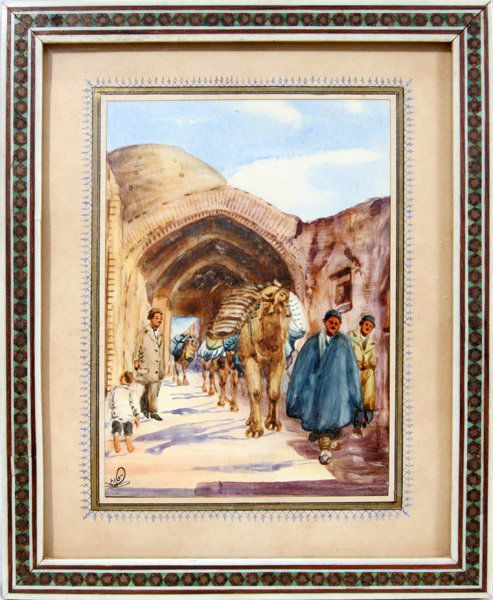OIL ON CANVAS SIGNED LOWER LEFT, IRANIAN STREET: OIL ON CANVAS, SIGNED LOWER LEFT, 5" X 4" IRANIAN STREET SCENE:illegibly signed lower left; painted frame;