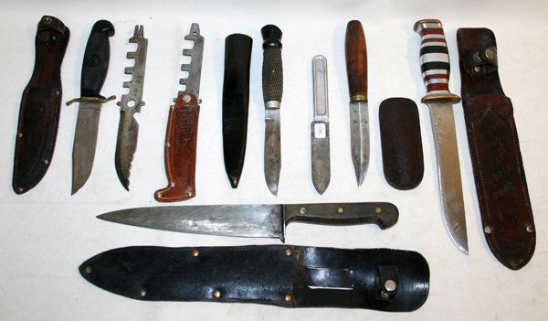 F. DICK, WEEKES, U.S. ARMY, ETC. SHEATH KNIVES: F. DICK, WEEKES, U.S. ARMY, ETC. SHEATH KNIVES, 1918-1950, 8 PCS., L 4"-8" BLADES:includes a F. Dick butcher knife, 8" blade, with black leather sheath; one hand made U.S. fighting knife, 8" blade wit