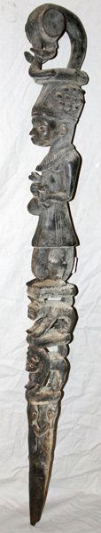 AFRICAN WOOD CARVED CEREMONIAL STAFF, H 42": AFRICAN WOOD CARVED CEREMONIAL STAFF, H 42":totem pole style with alligators, lion, monkey, elephant and female figures;